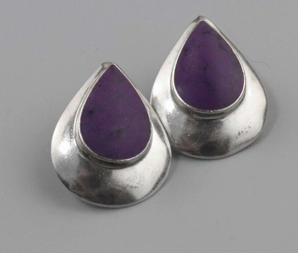 Vintage Purple Charoite Sterling Silver Tear Drop Earrings, Large Stud Earrings